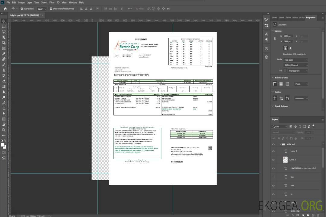 Modèle de facture de services publics d'électricité des États-Unis New Hampshire Electric Co-op aux formats Word et PDF template